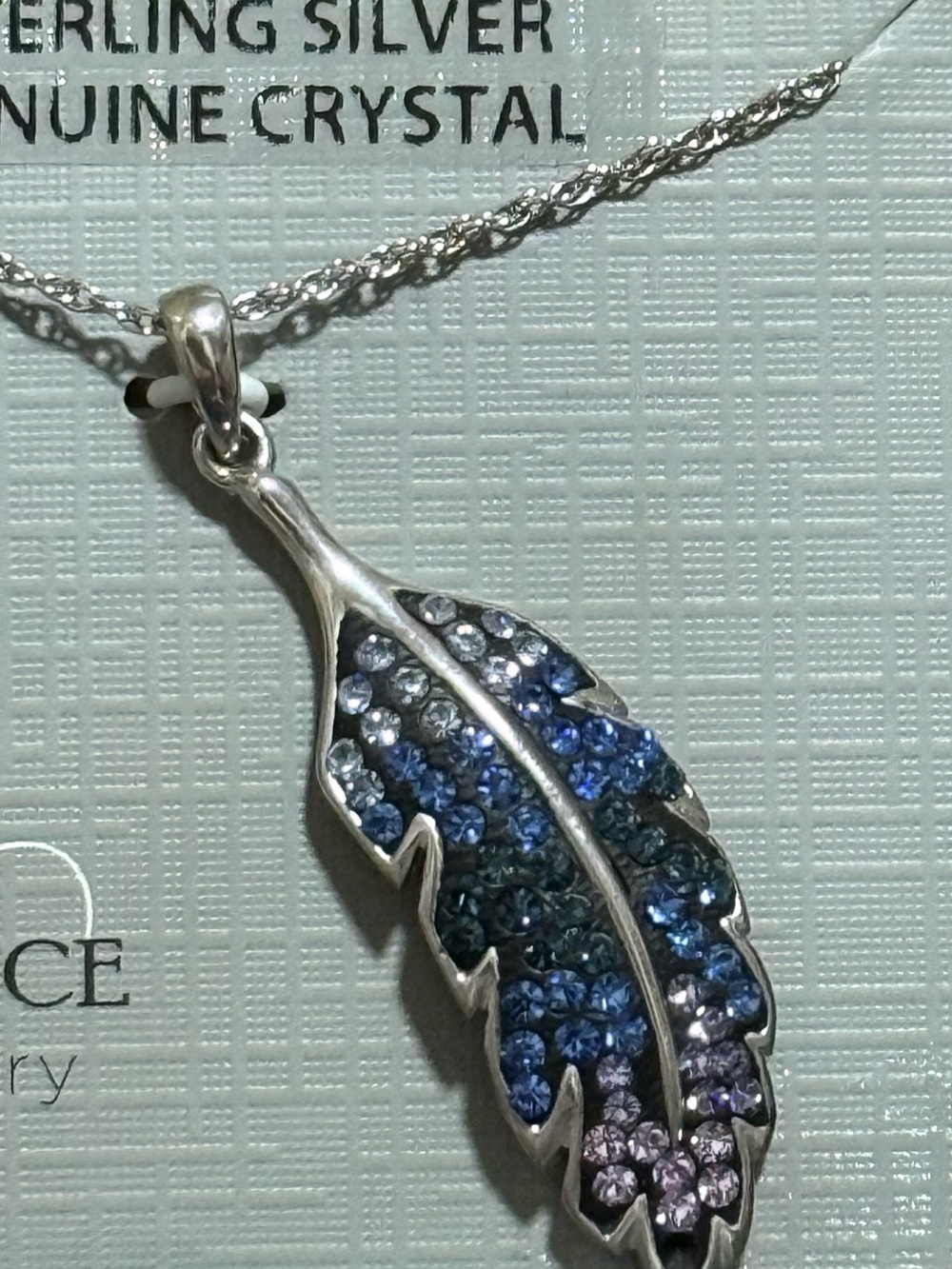 Brilliance Sterling Silver Blue Crystal Feather Pendant Necklace 18” Chain New - Picture 3 of 4